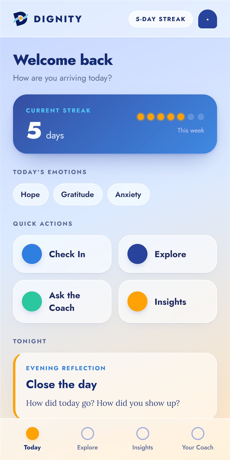 The Dignity app home screen in the Glass theme: a five-day streak, today's emotions (Hope, Gratitude, Anxiety), quick actions and the evening reflection